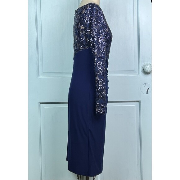 Lauren Ralph Lauren Blue Sequin Cocktail Dress Sheath Long Sleeve Ruched Skirt L - Picture 12 of 16